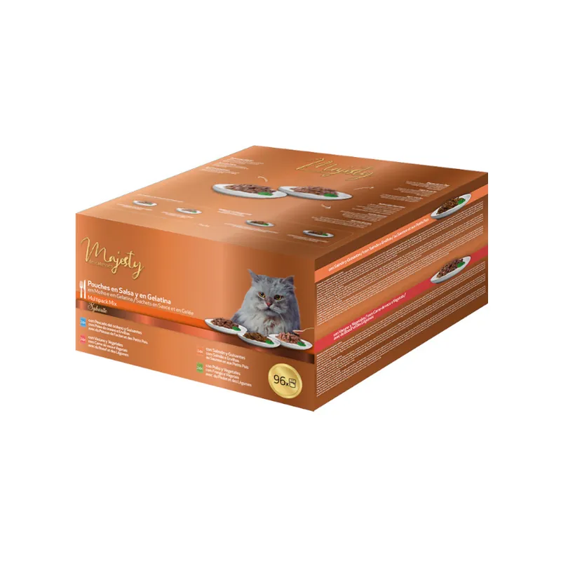 Pago Seguro Majesty Multipack Sobres Gelatina y Salsa Mix Pescado y Carne para gatos