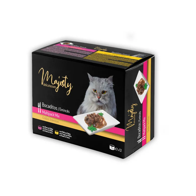Marca Reconocida Majesty Adult Slide Mix Bocaditos en salsa lata para gatos – Pack