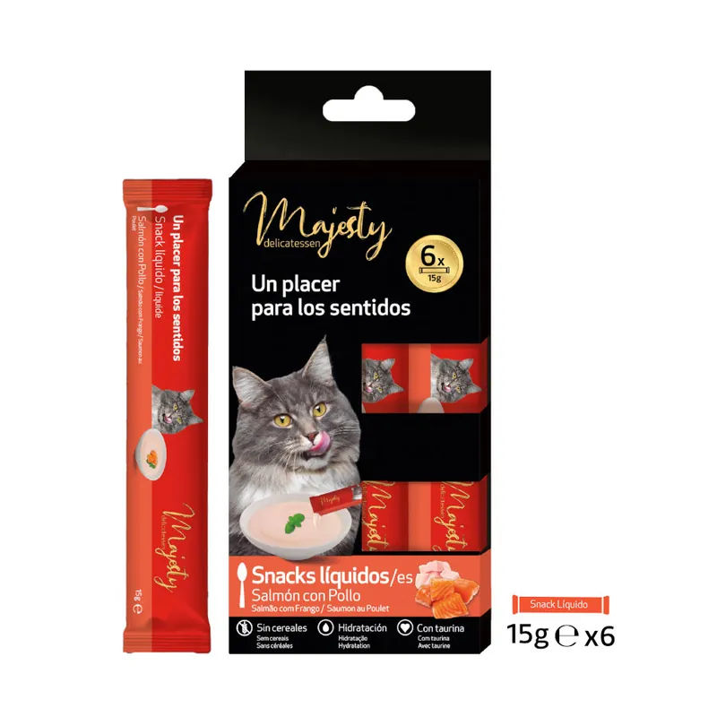 Majesty Salmón con Pollo snack líquido para gatos Oferta Limitada