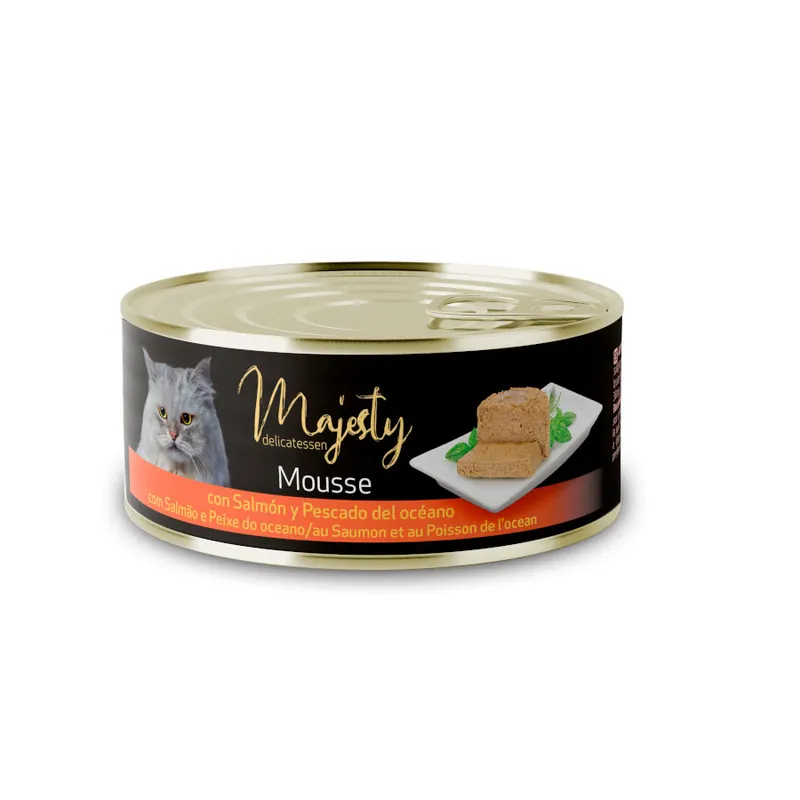 Envío Inmediato Majesty Adult Mousse de Salmón y Pescado del Océano lata para gatos
